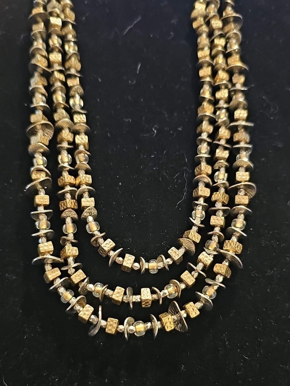 Chico's Triple Strand Beaded Necklace Womens OS Gold Silver Mixed Metal Boho L‎